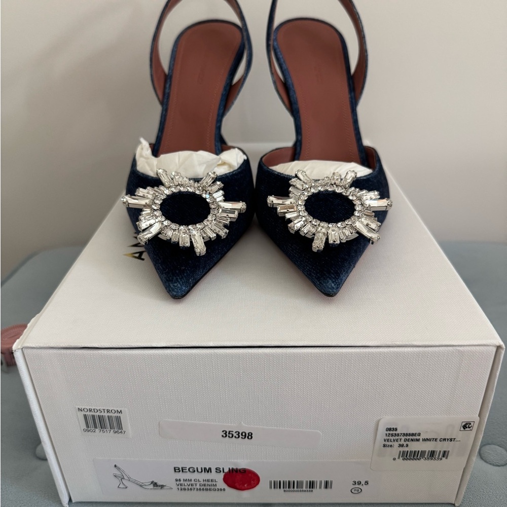Amina Muaddi Navy Velvet Heels with Crystal Embellishments